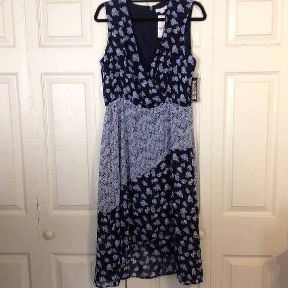 NEW YORK & COMPANY Size 10 NWT Blue Floral Midi Dress Sleeveless Wrap High-Low - Picture 1 of 8